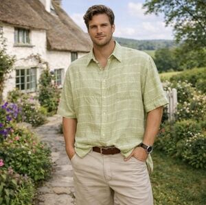 Perry Ellis Pistachio Green Linen Button Up Shirt XXL Coastal Cottage Resort EUC